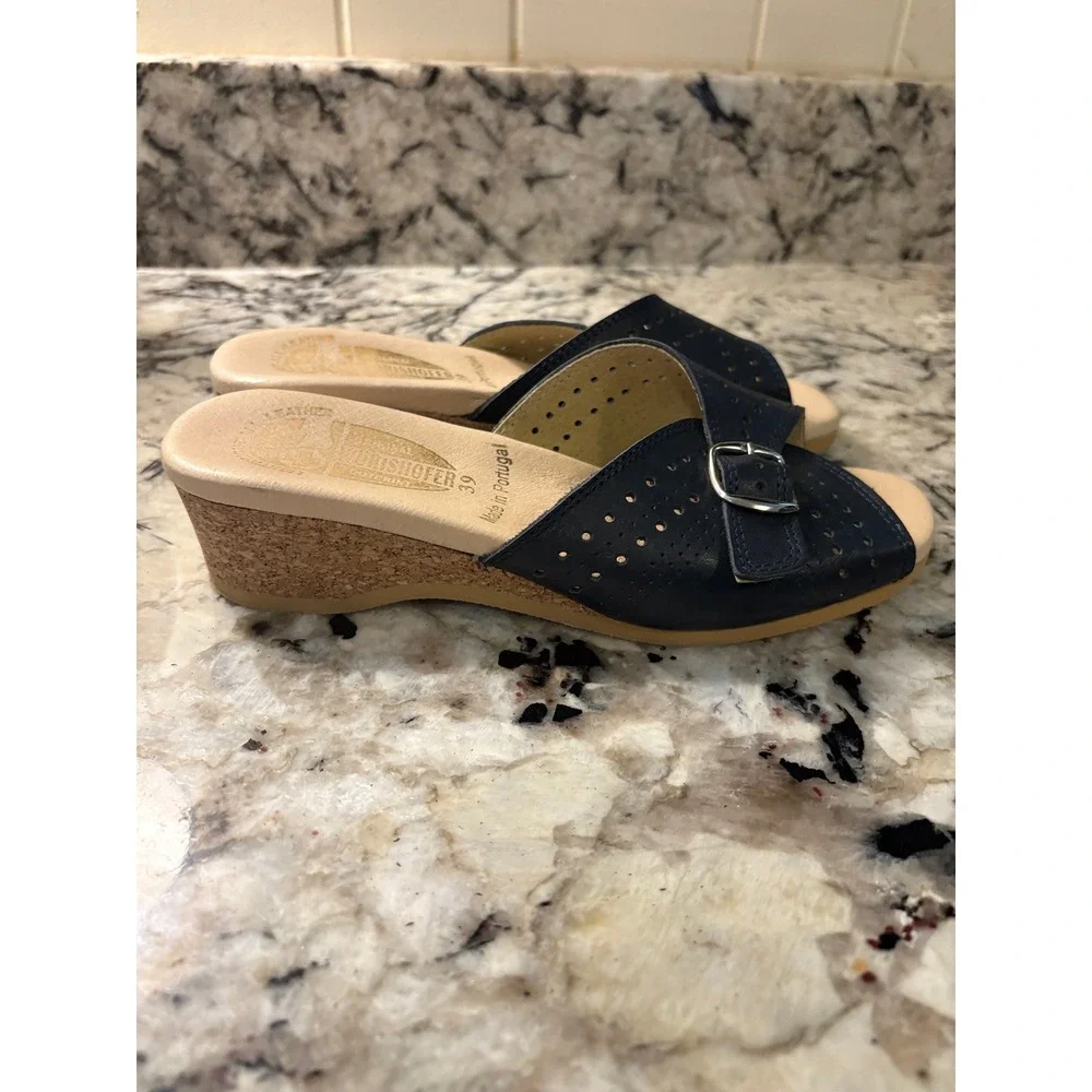 Werishofer Sandals US 8 Navy Leather Cork Wedge Comfort Boho Grandmacore